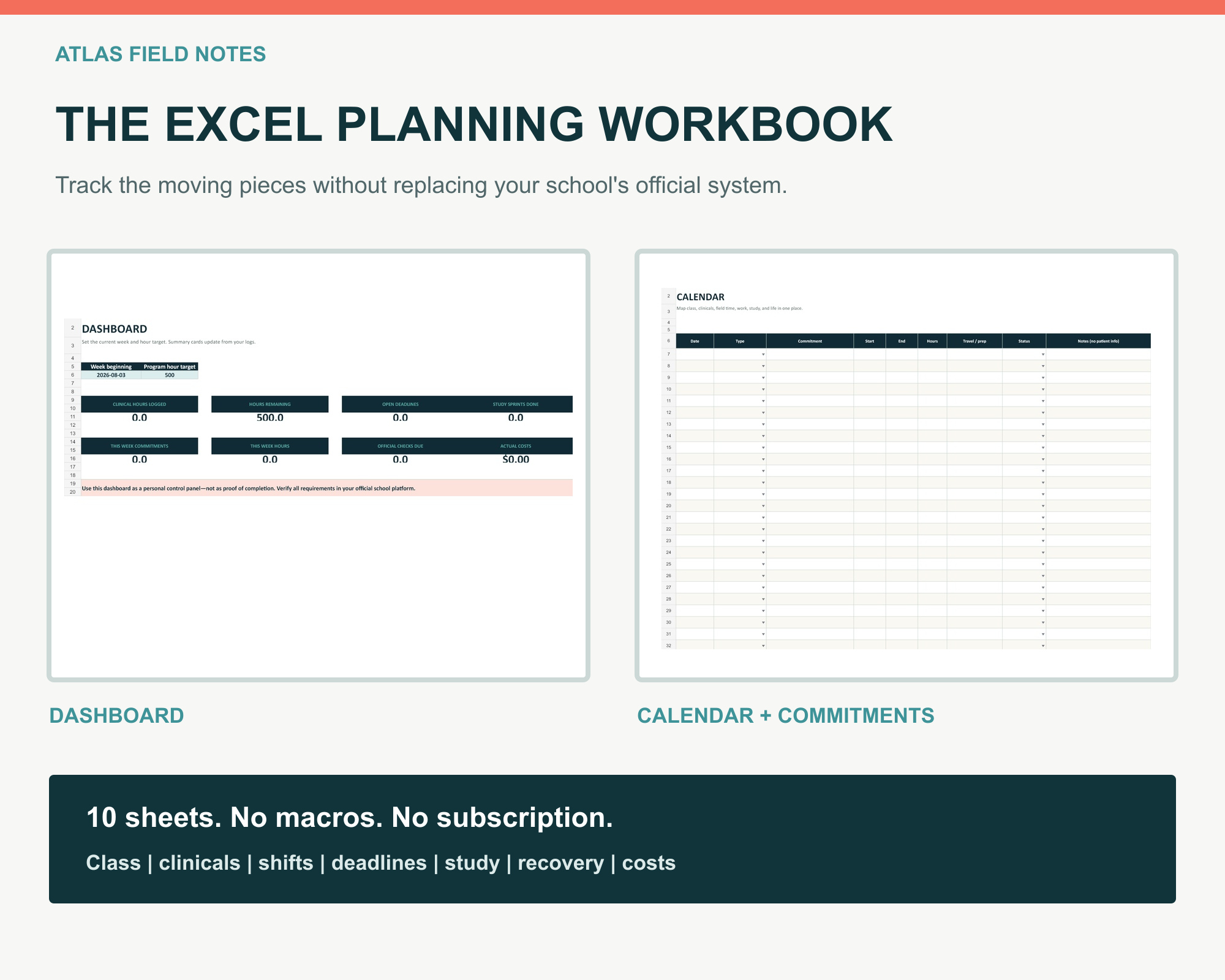 Actual dashboard and calendar from the ATLAS Excel planning workbook
